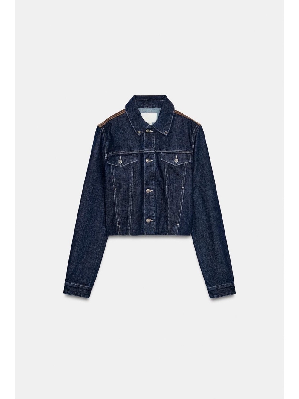 Zara Dark Blue Cropped Denim Jacket with Contrast Shoulder Trim